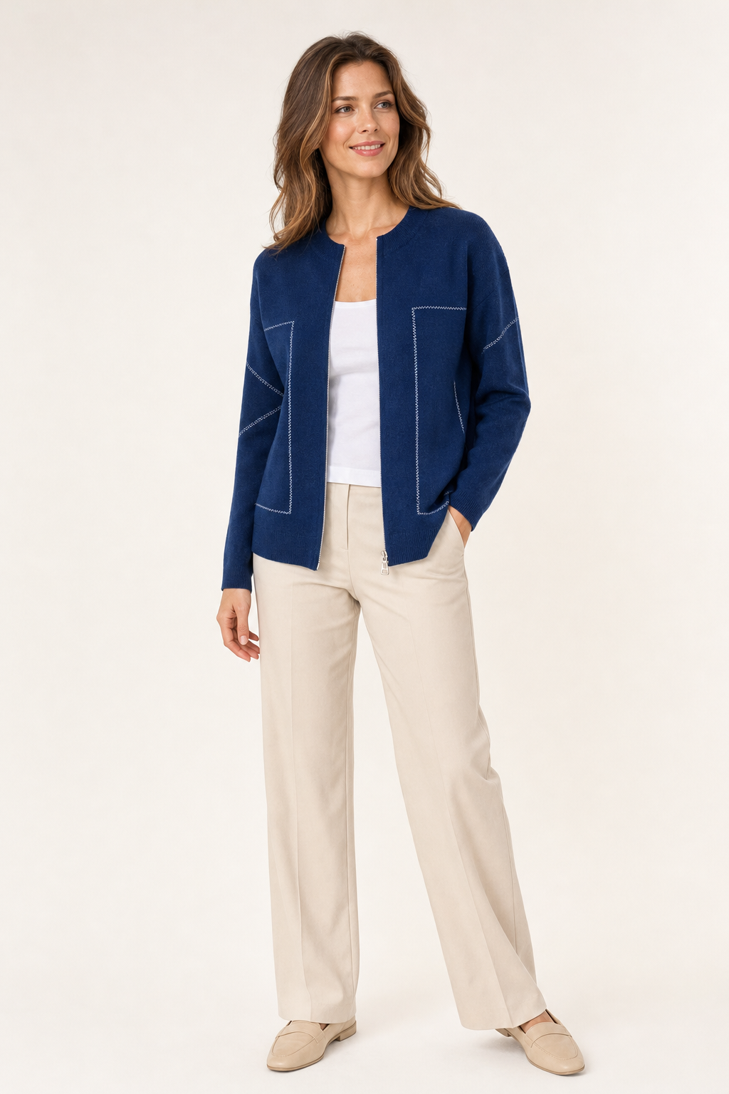 contrast-stitch zip jacket, blue - front view