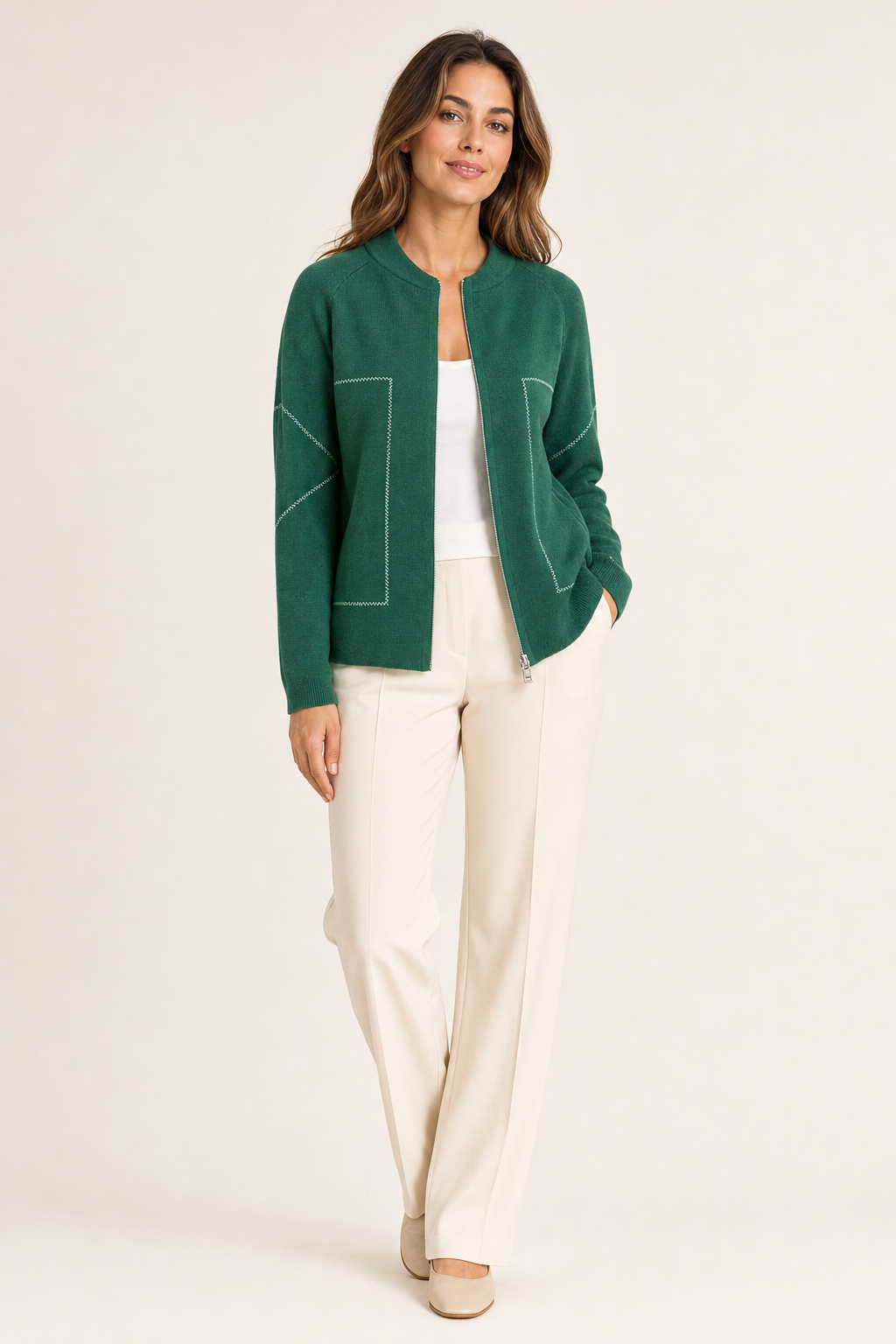 contrast-stitch zip jacket, green - front view