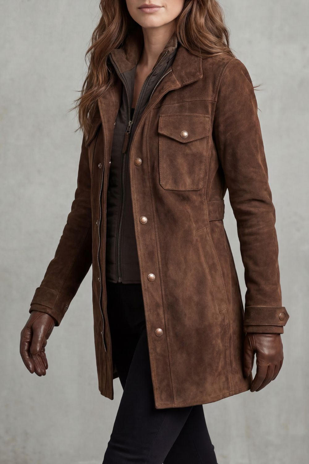 utility coat with flap pockets, brown - worn view