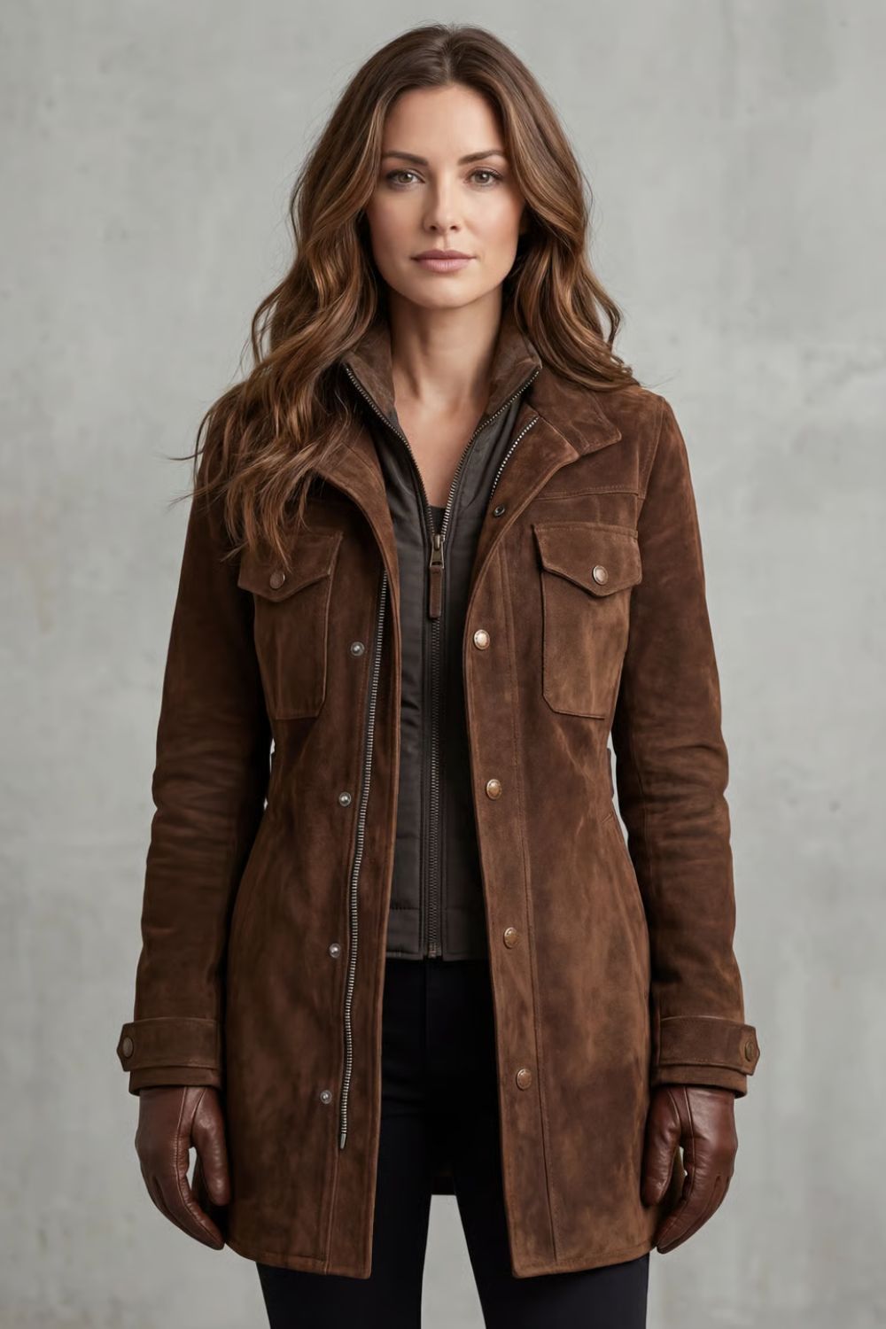 utility coat with flap pockets, brown - worn view
