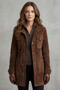 utility coat with flap pockets, brown - worn view