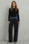 contrast waist wide-leg jeans, black - worn view