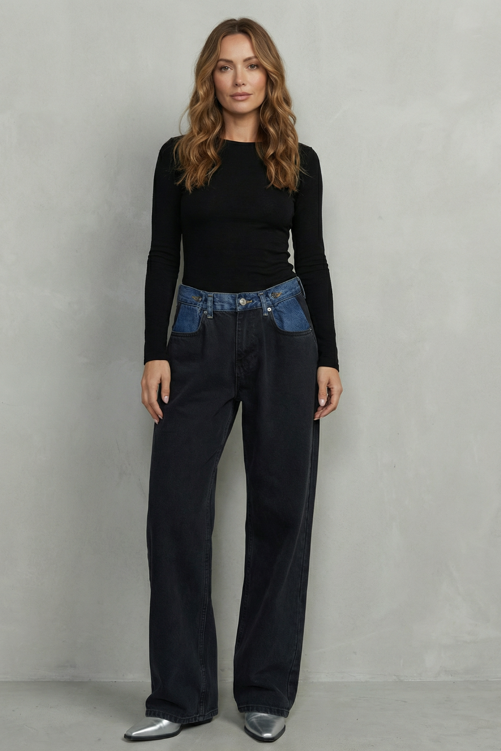 contrast waist wide-leg jeans, black - worn view