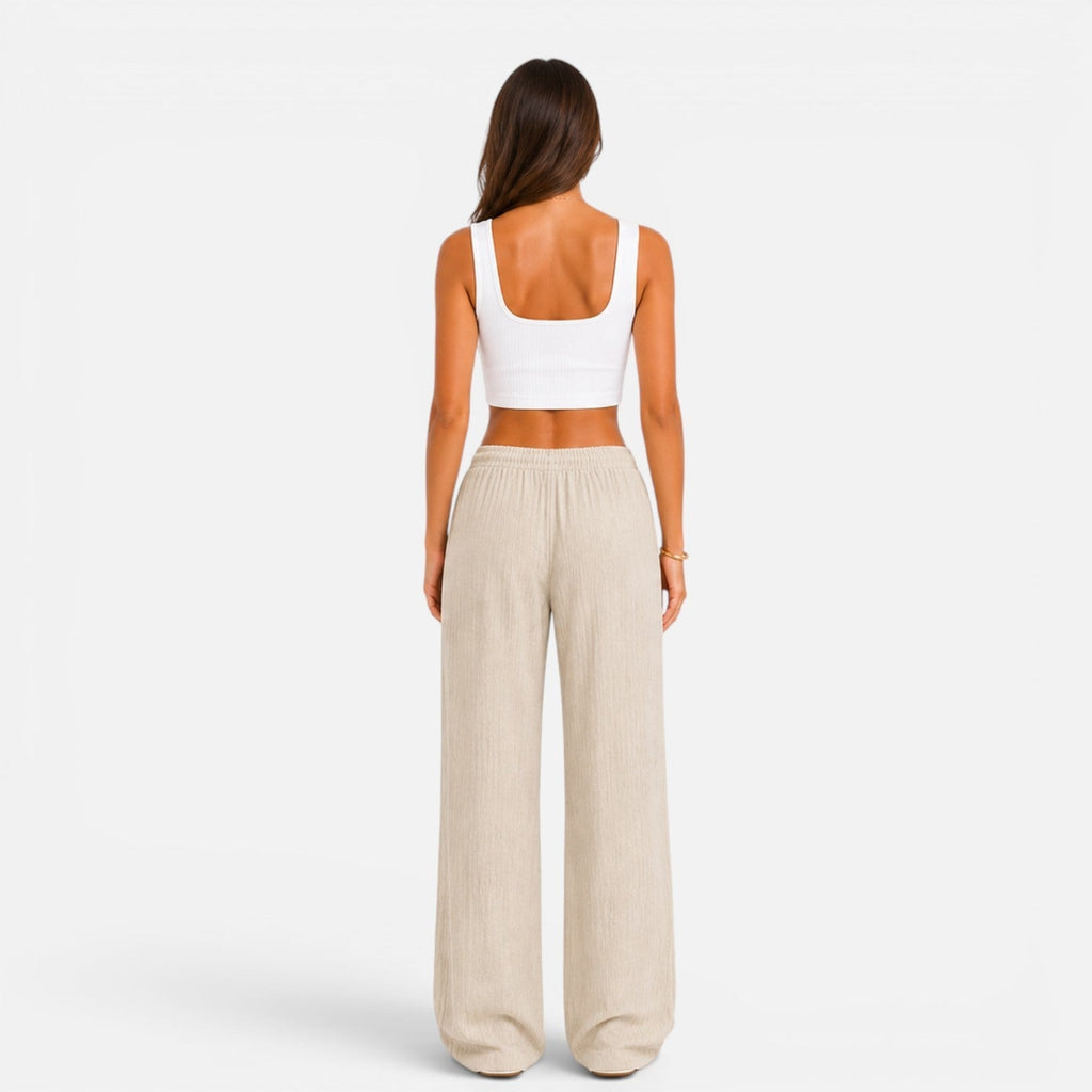 wide-leg drawstring trousers, beige - worn view