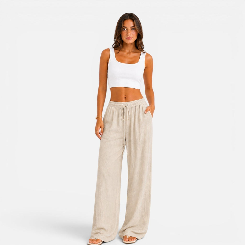 wide-leg drawstring trousers, beige - worn view
