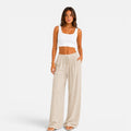 wide-leg drawstring trousers, beige - worn view