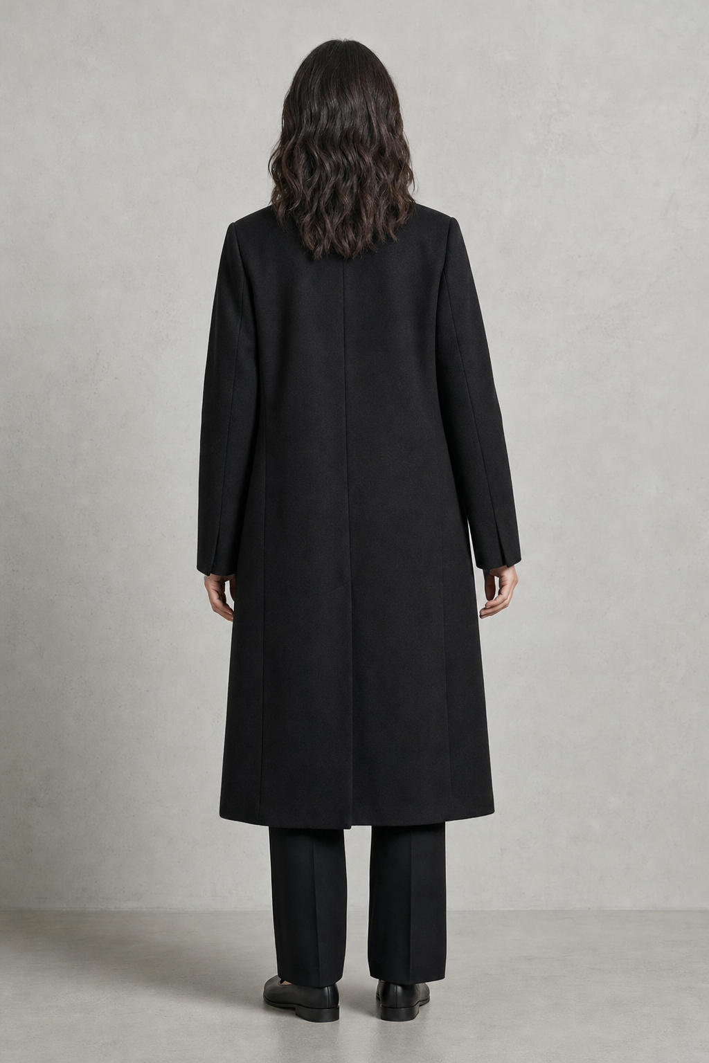 longline notch lapel coat, black - worn, full-length view