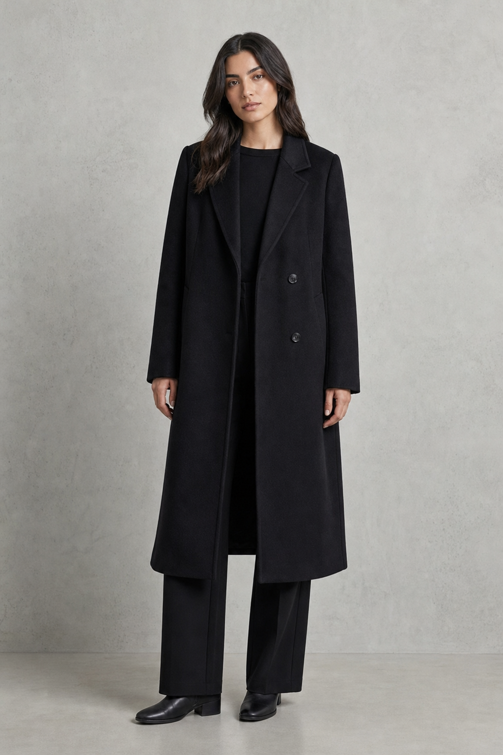longline notch lapel coat, black - front view