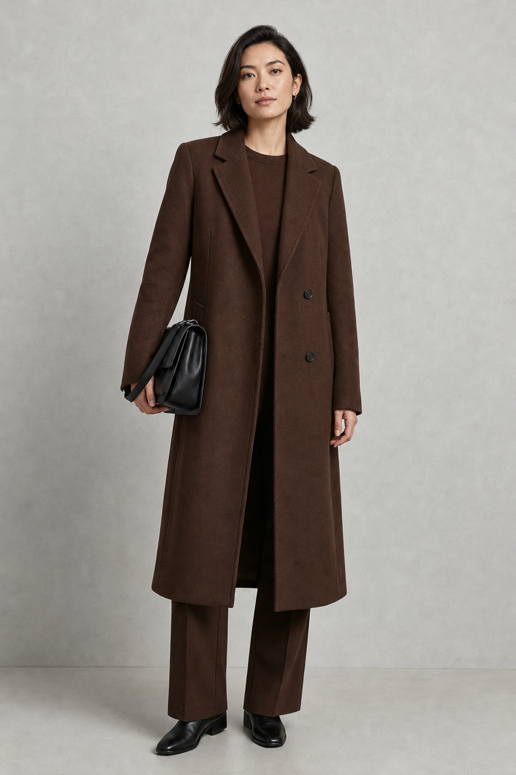 longline notch lapel coat, brown - front view