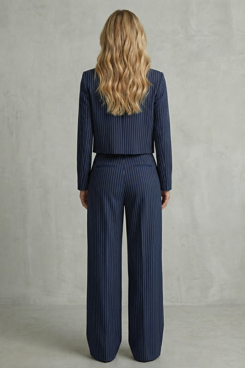 cropped pinstripe blazer and wide-leg trouser set, navy - worn view