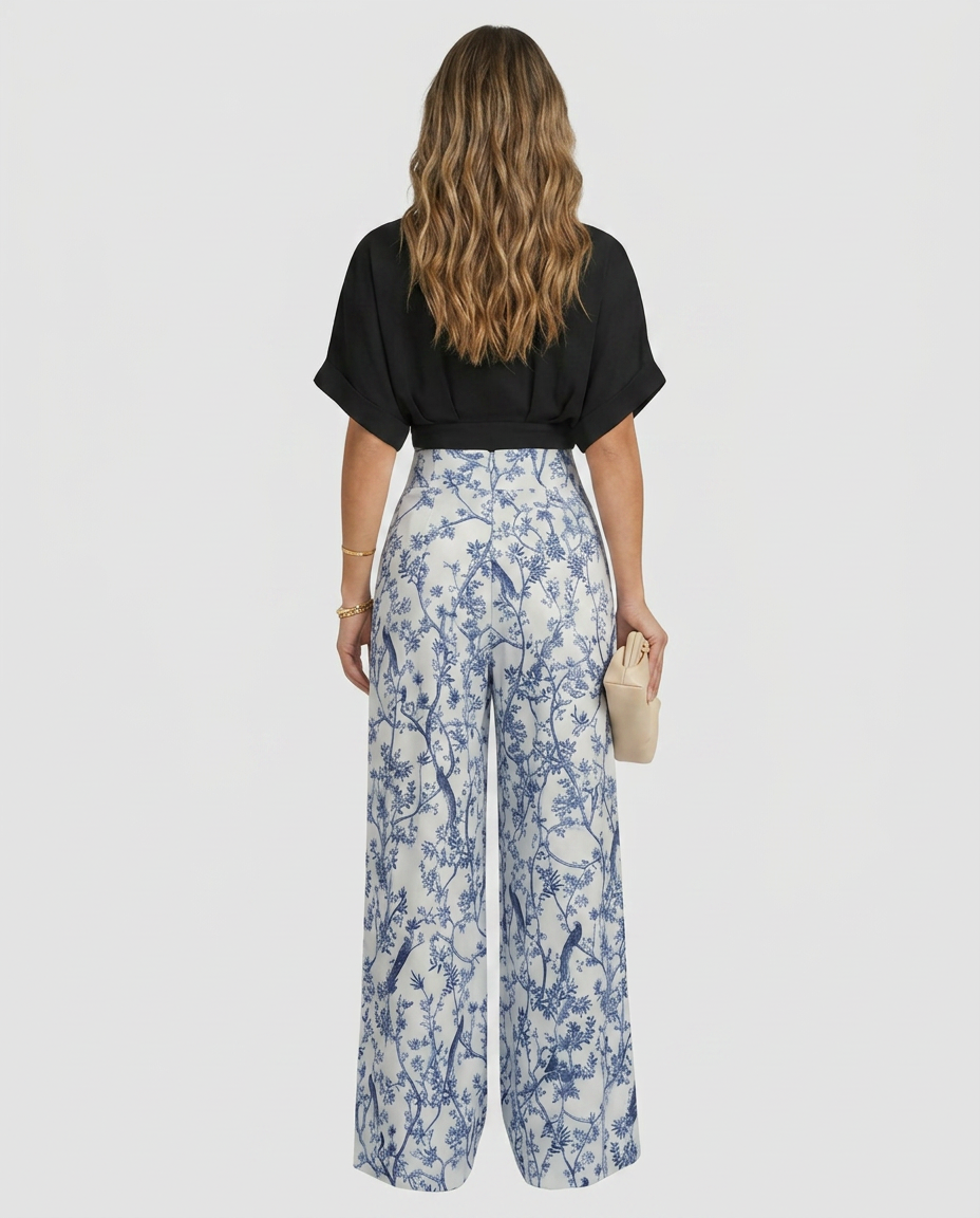 cropped wrap top and wide-leg trouser set, black - worn view