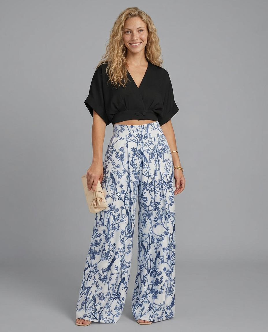 cropped wrap top and wide-leg trouser set, black - worn view
