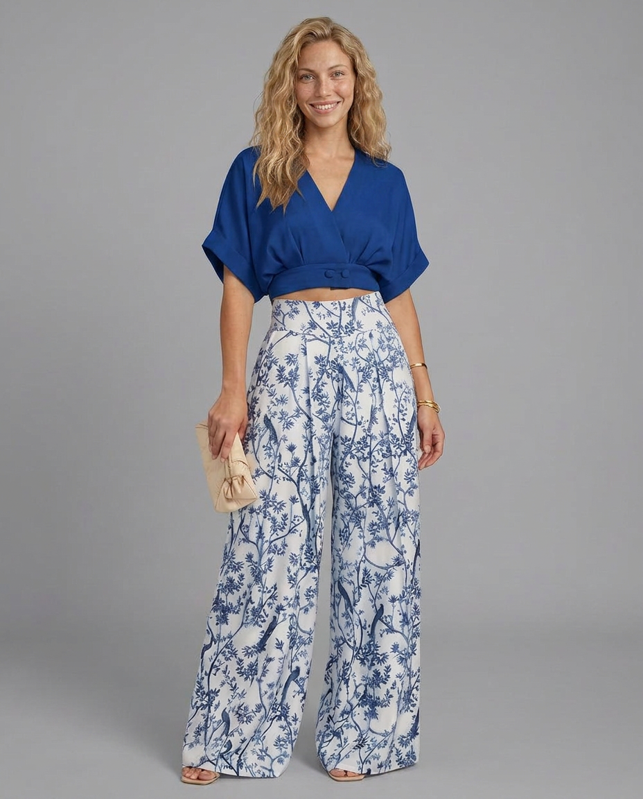 cropped wrap top and wide-leg trouser set, blue - worn view