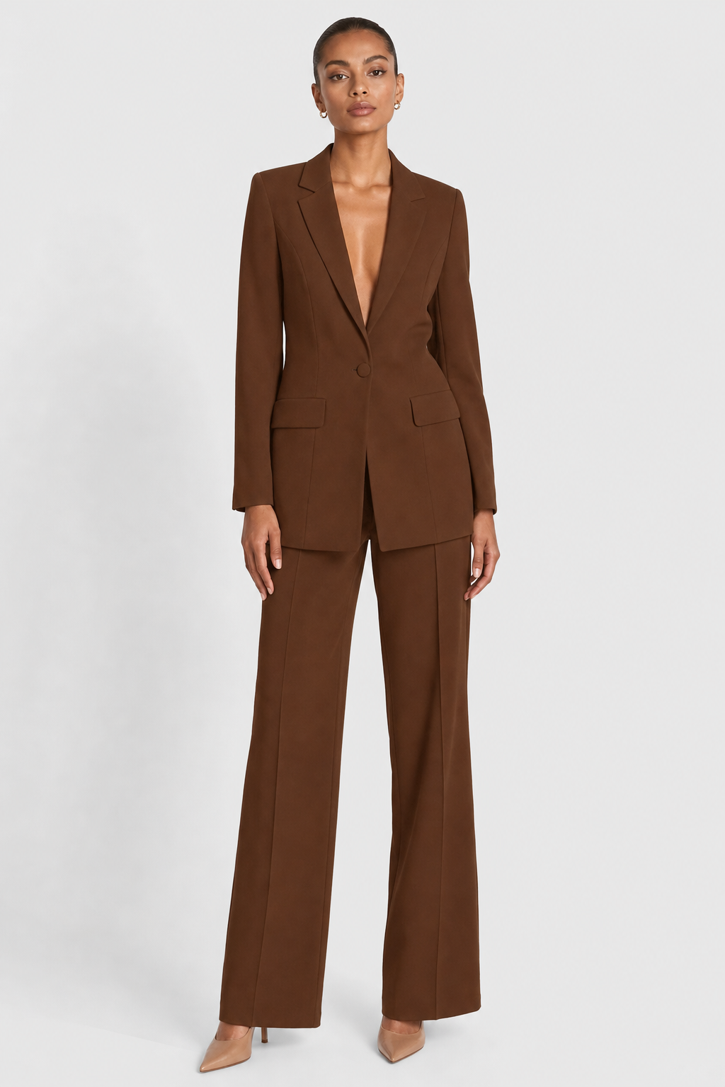 one-button blazer and wide-leg trouser set, brown - front view