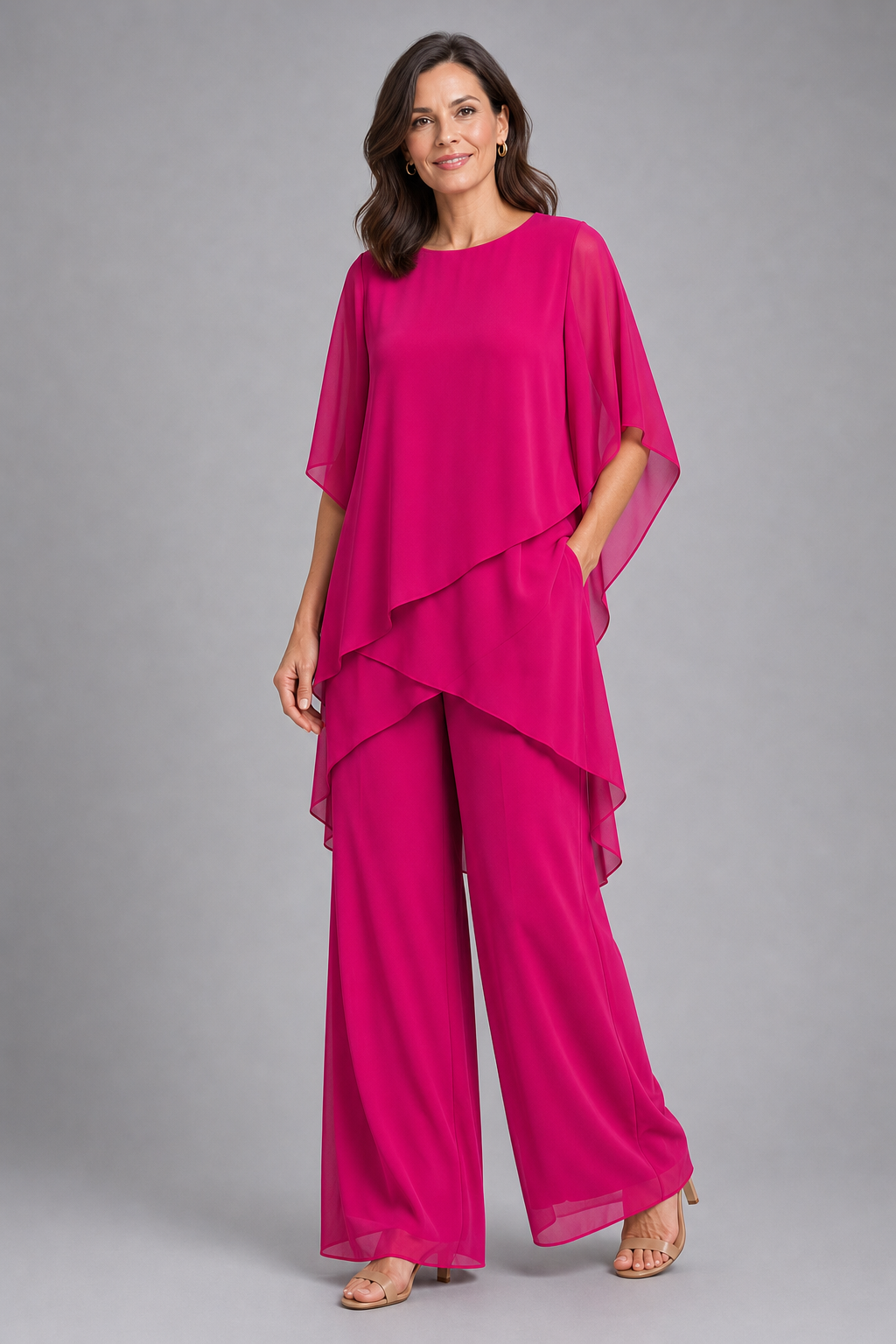 asymmetric layered top and wide-leg trouser set, fuchsia - front view