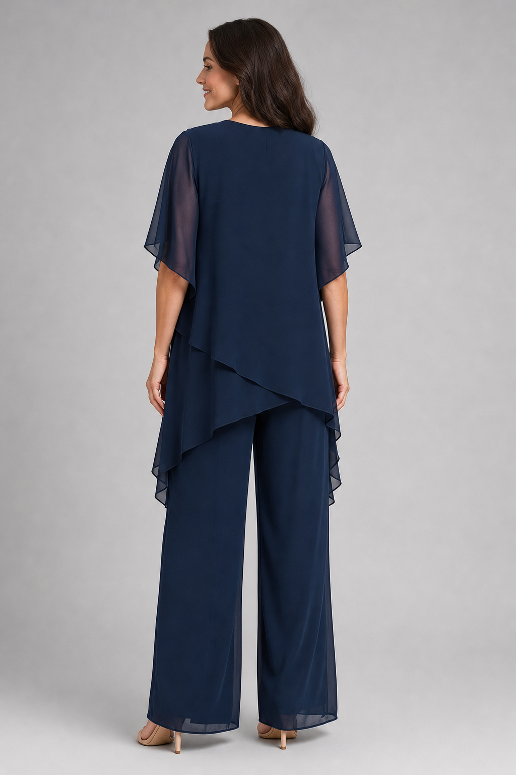 asymmetric layered top and wide-leg trouser set, navy - worn, full-length view