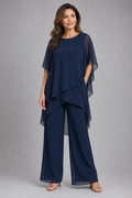asymmetric layered top and wide-leg trouser set, navy - front view