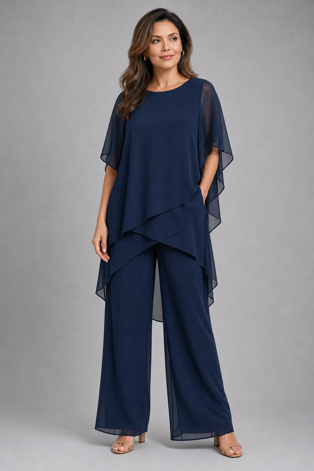 asymmetric layered top and wide-leg trouser set, navy - front view