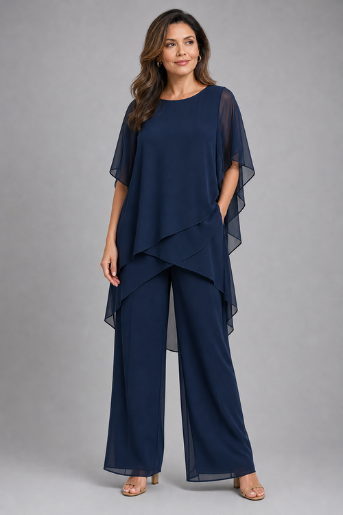 asymmetric layered top and wide-leg trouser set, navy - front view