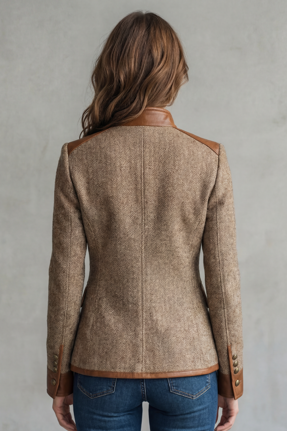 stand-collar tweed jacket with tan trim, brown - worn view