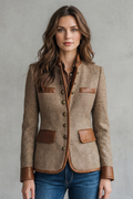 stand-collar tweed jacket with tan trim, brown - worn view