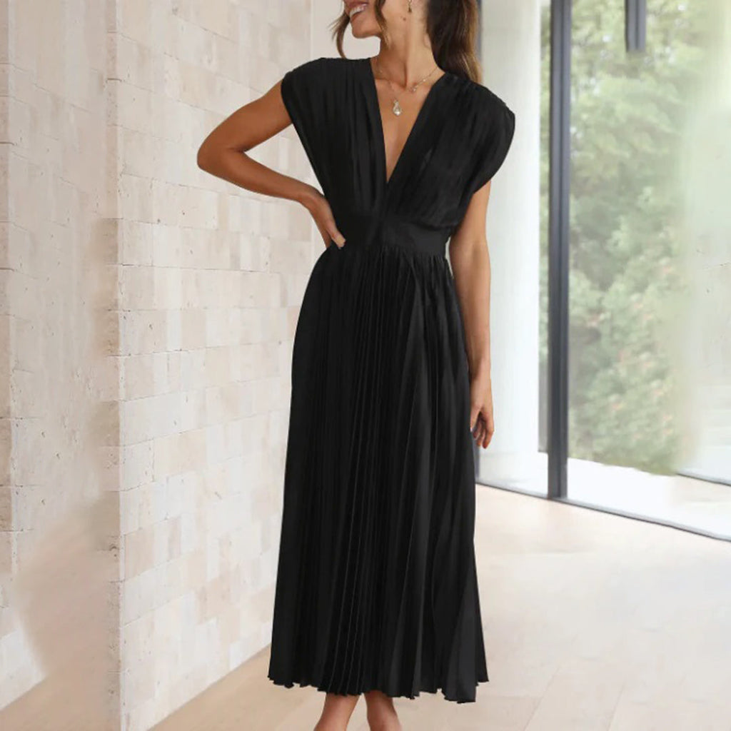 pleated v-neck midi dress, black - worn view