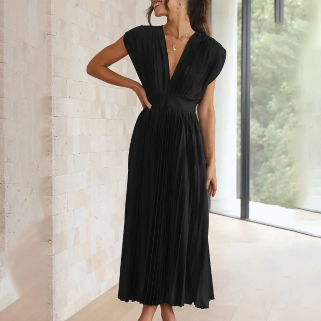 pleated v-neck midi dress, black - worn view