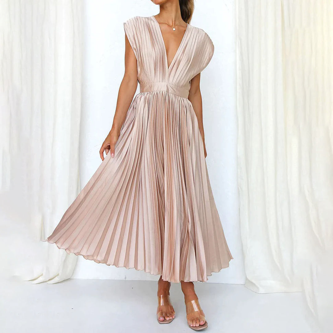 pleated v-neck midi dress, champagne - worn view