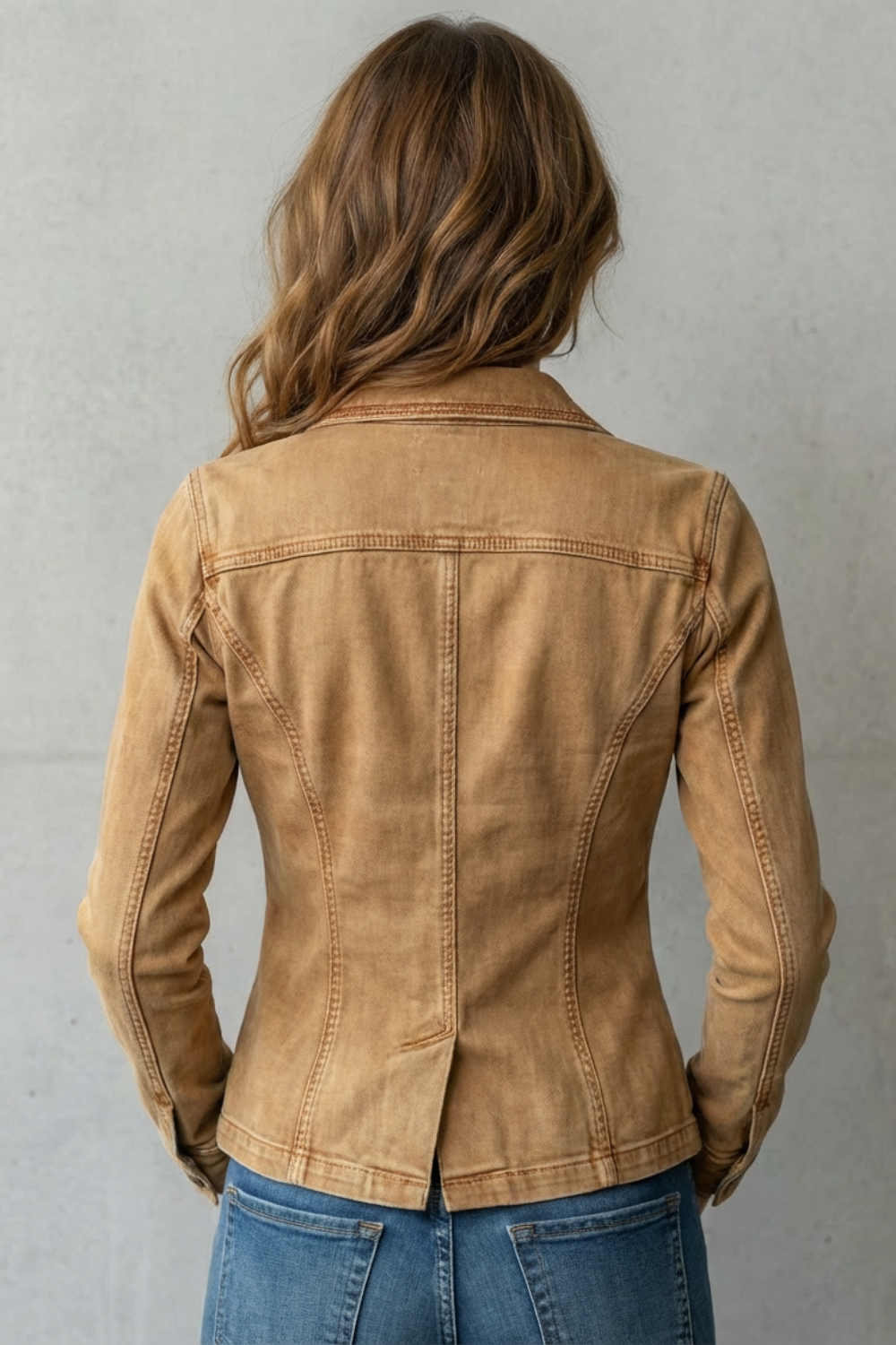 fitted denim blazer with silver buttons, camel - worn view