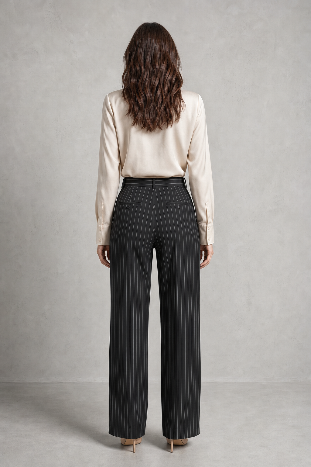 high-waisted pinstripe wide-leg trousers, black - worn, full-length view