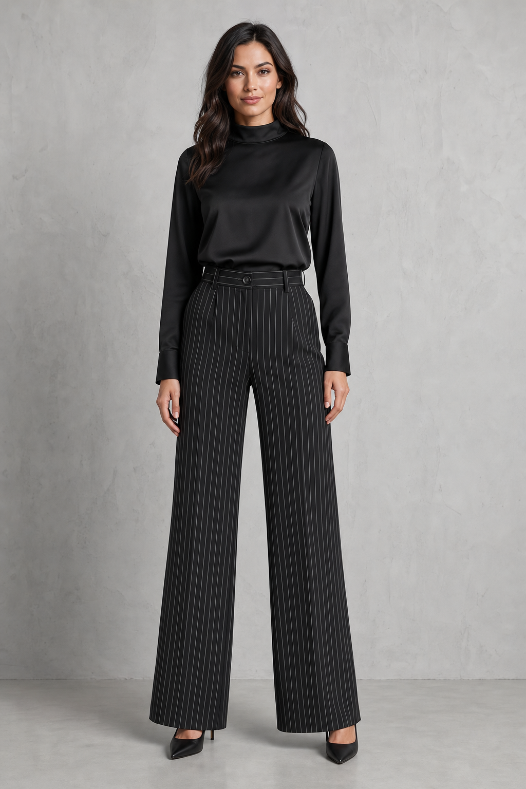 high-waisted pinstripe wide-leg trousers, black - front view