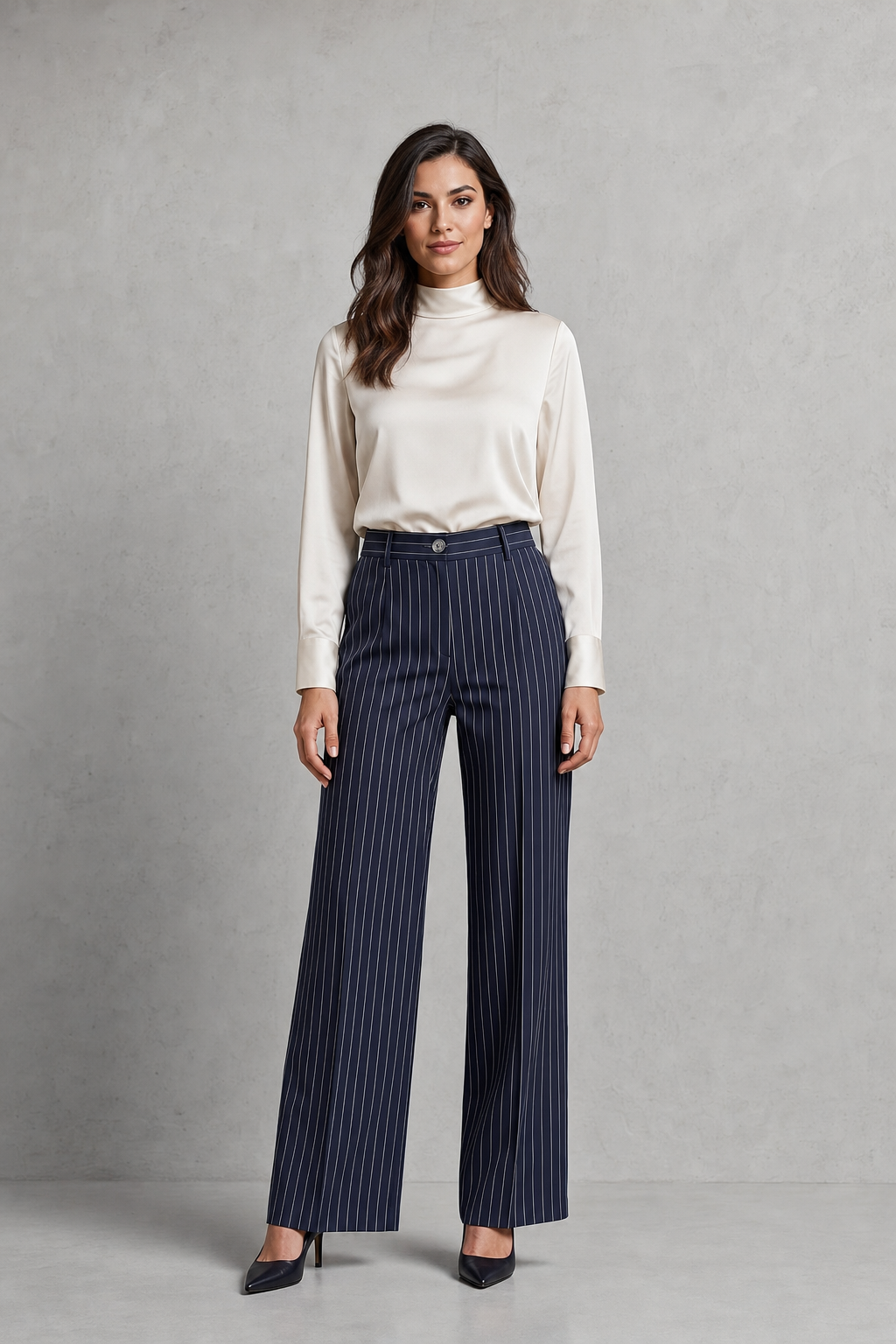 high-waisted pinstripe wide-leg trousers, navy - front view