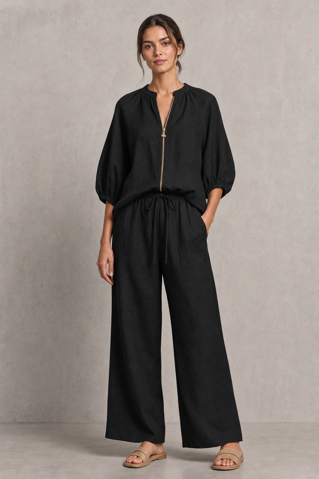 zip-front puff sleeve top and wide-leg trouser set, black - front view