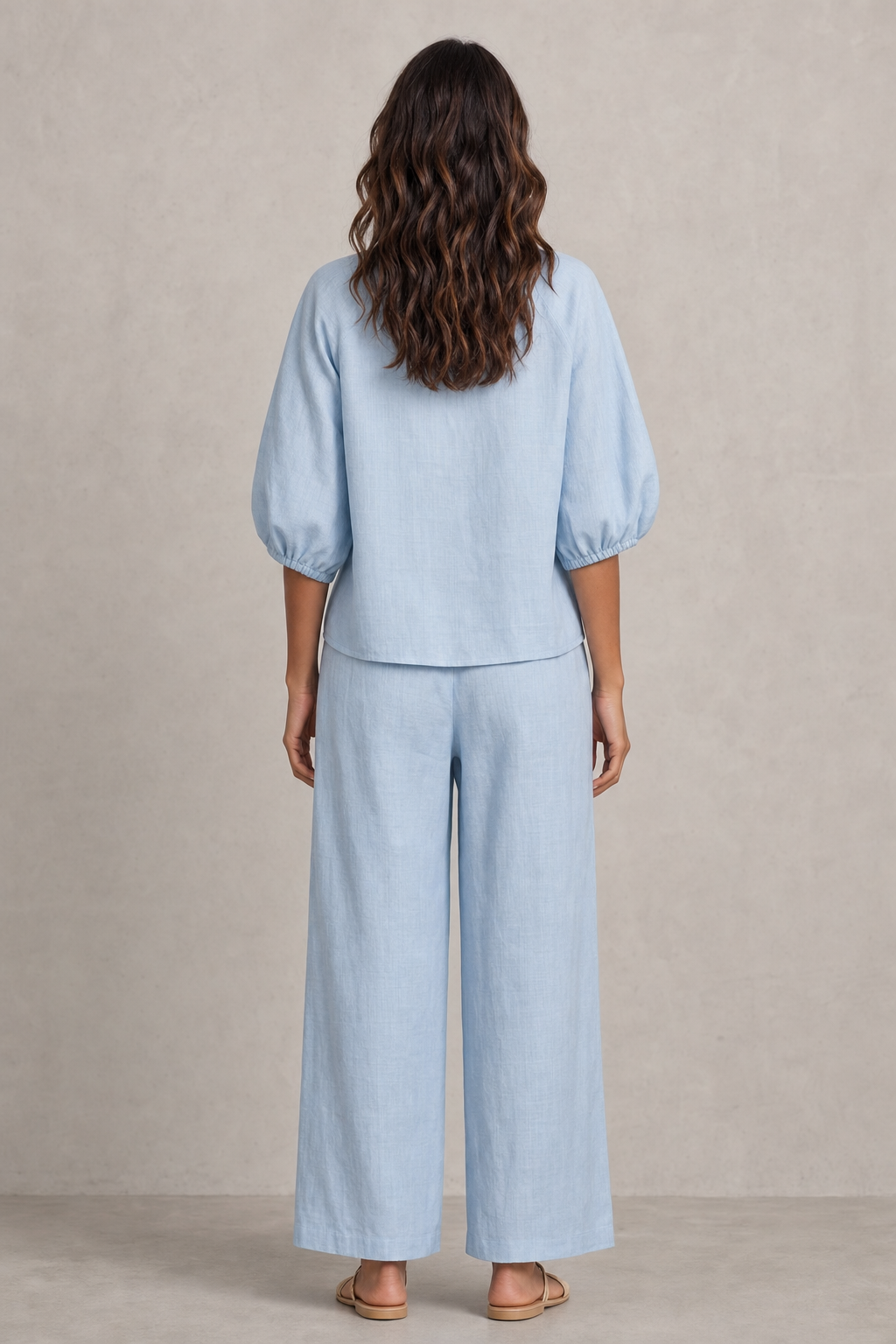 zip-front puff sleeve top and wide-leg trouser set, light blue - worn, full-length view