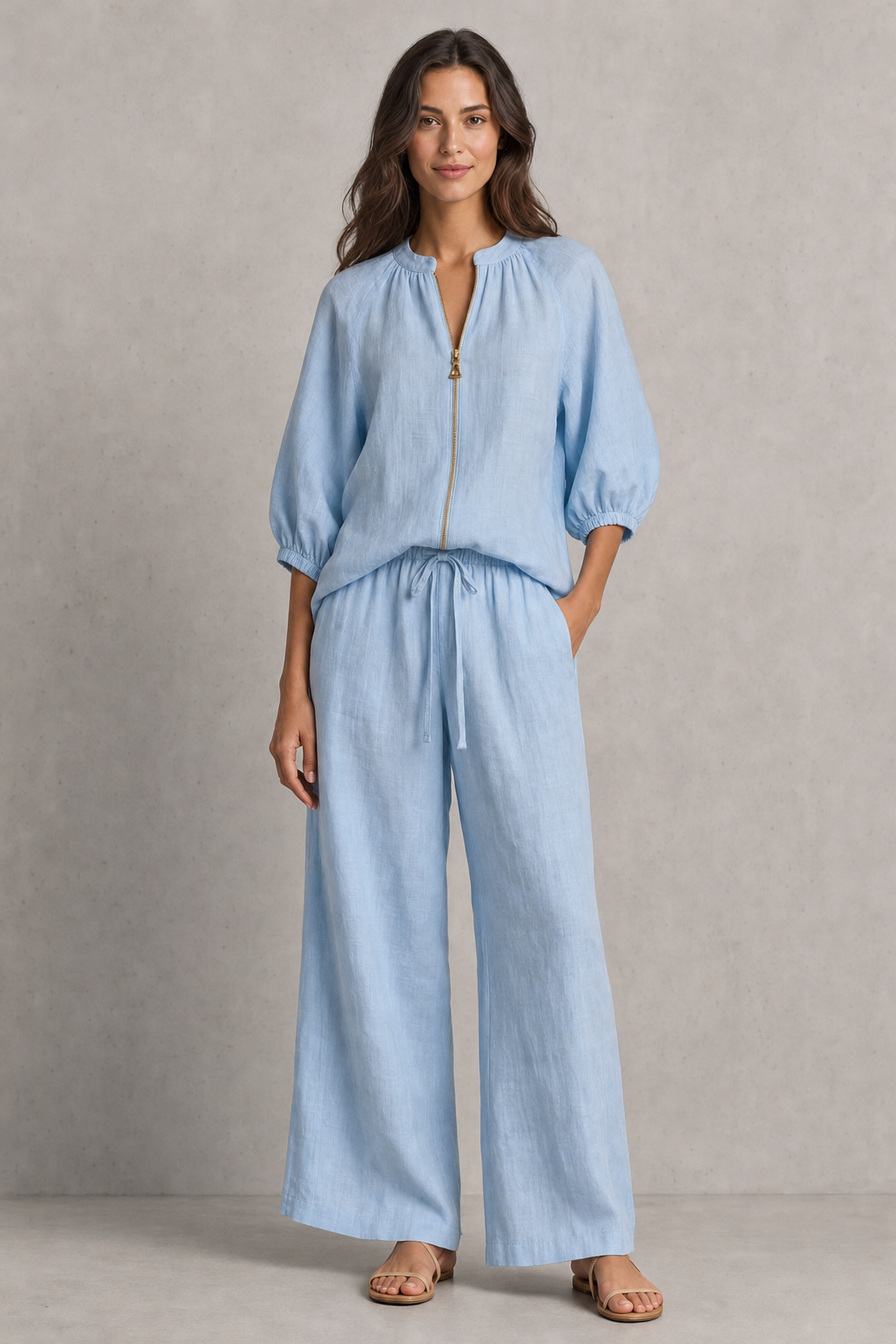 zip-front puff sleeve top and wide-leg trouser set, light blue - front view