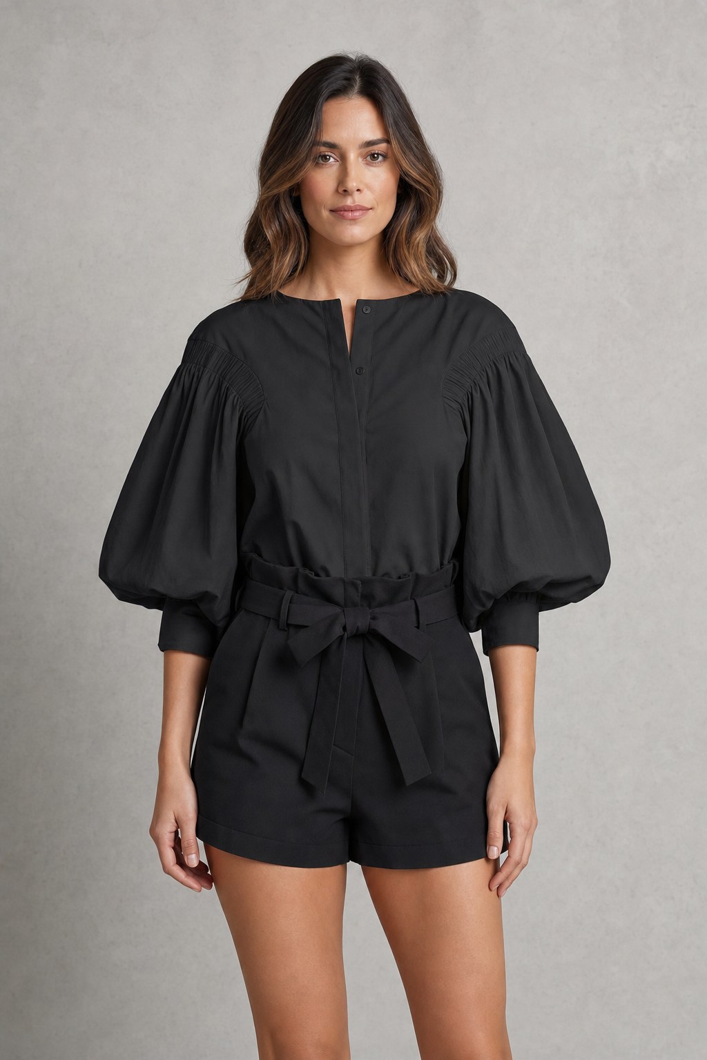 puff-sleeve blouse with smocked shoulders, black - front view