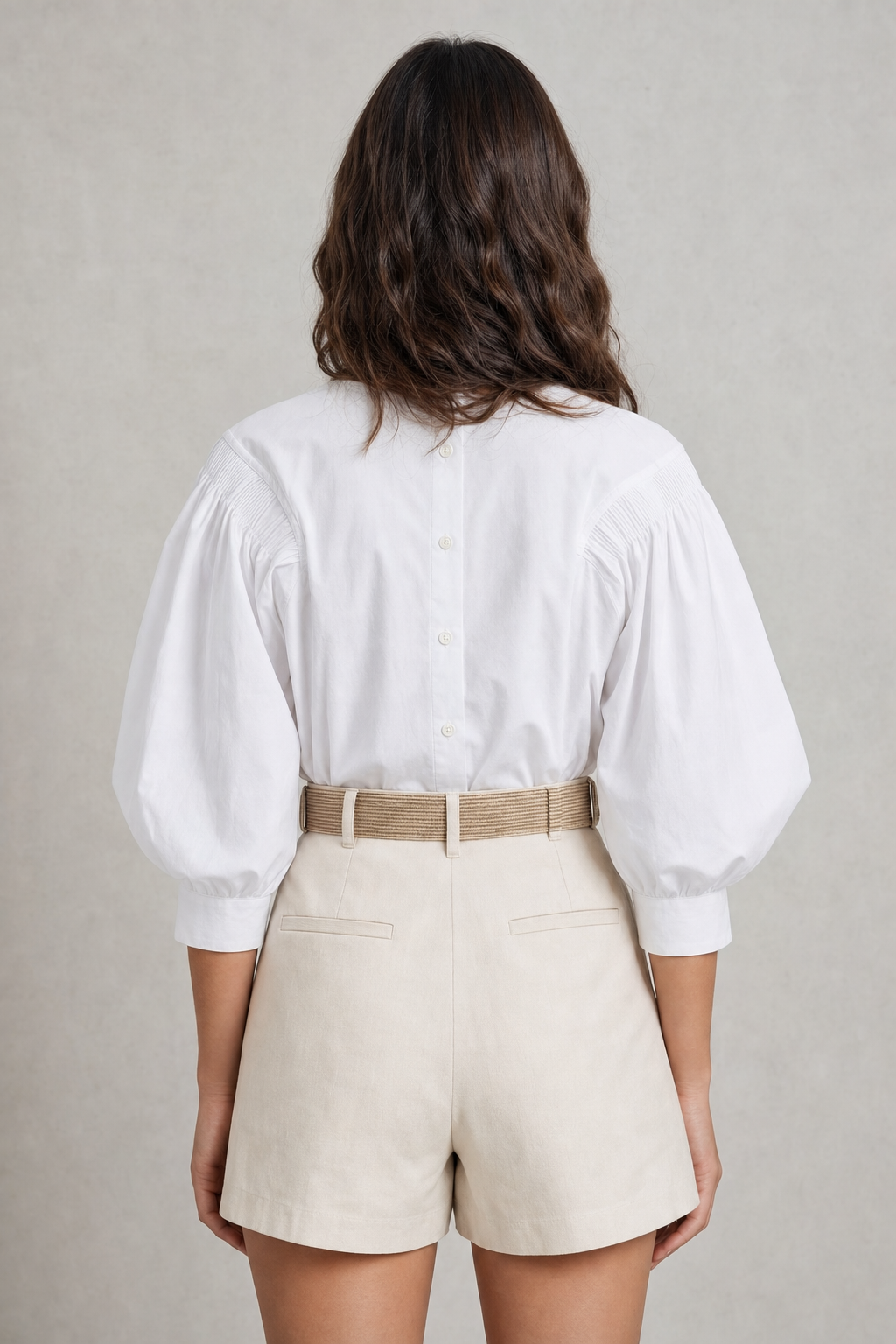 puff-sleeve blouse with smocked shoulders, white - worn, full-length view