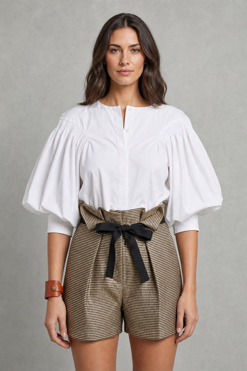 puff-sleeve blouse with smocked shoulders, white - front view