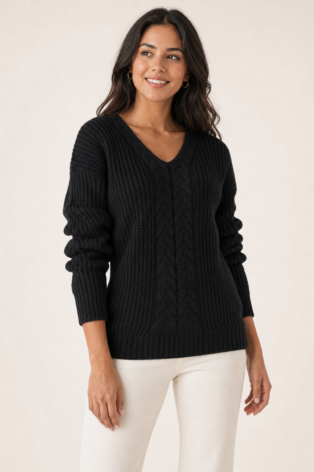 cable front v-neck jumper, black - front view