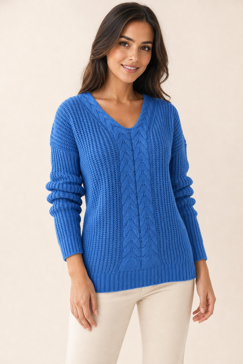 cable front v-neck jumper, blue - front view