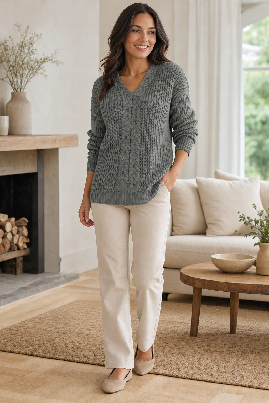 cable front v-neck jumper, grey - worn, full-length view
