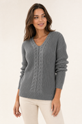 cable front v-neck jumper, grey - front view