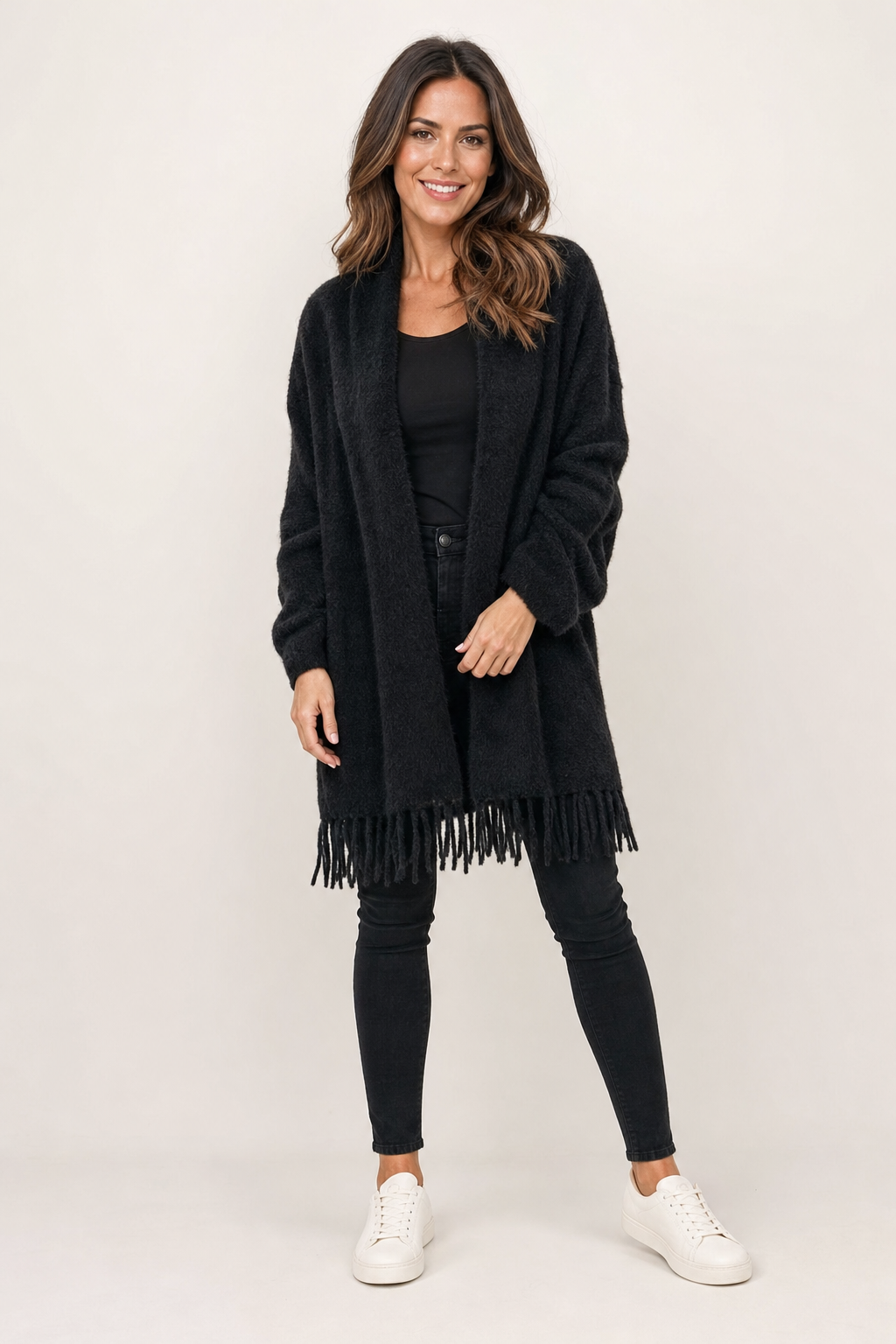 fringed wrap cardigan, black - front view