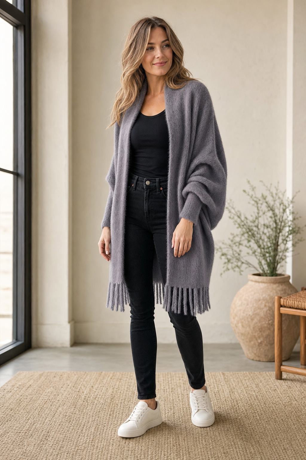 fringed wrap cardigan, grey - worn, full-length view