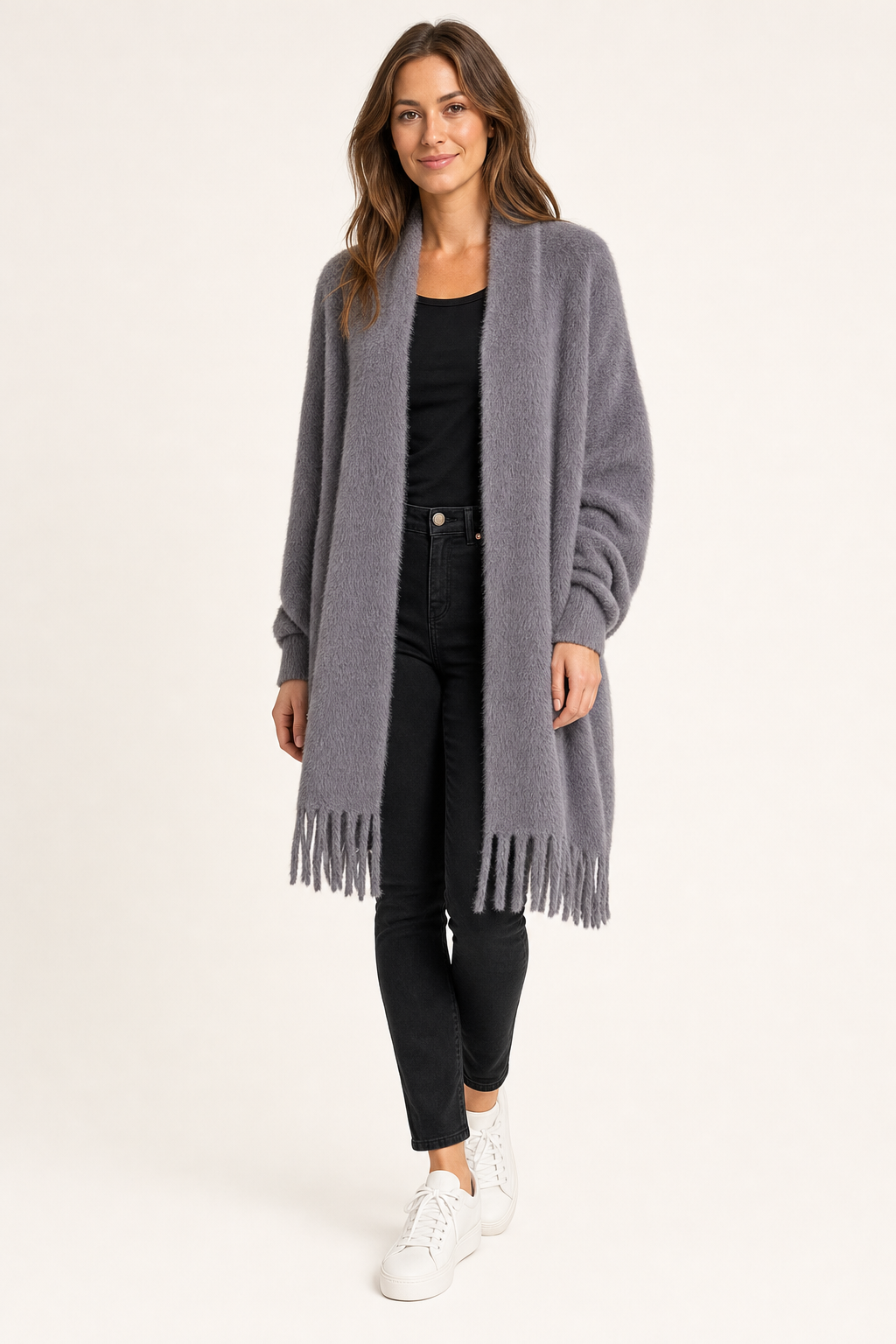 fringed wrap cardigan, grey - front view