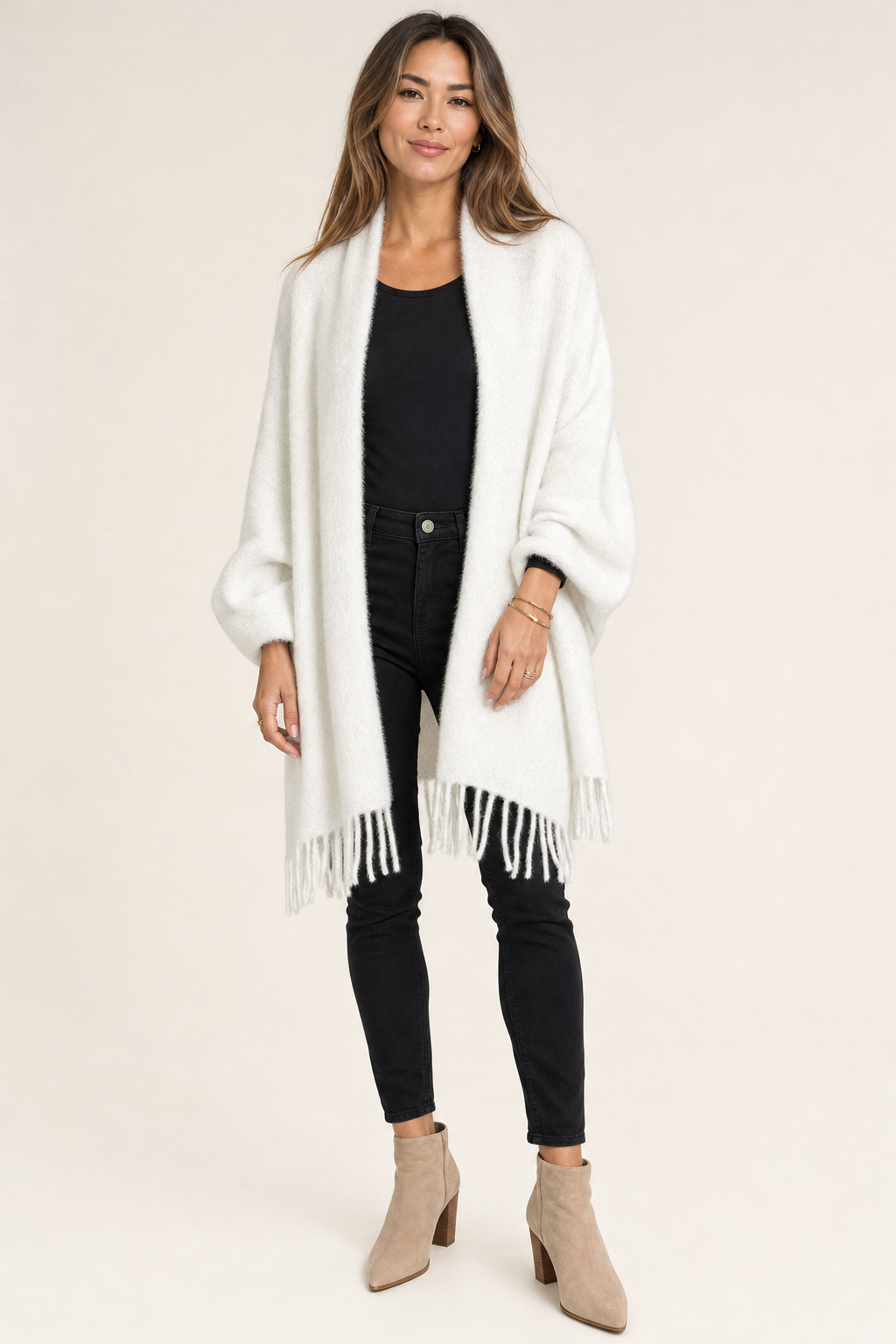 fringed wrap cardigan, white - front view