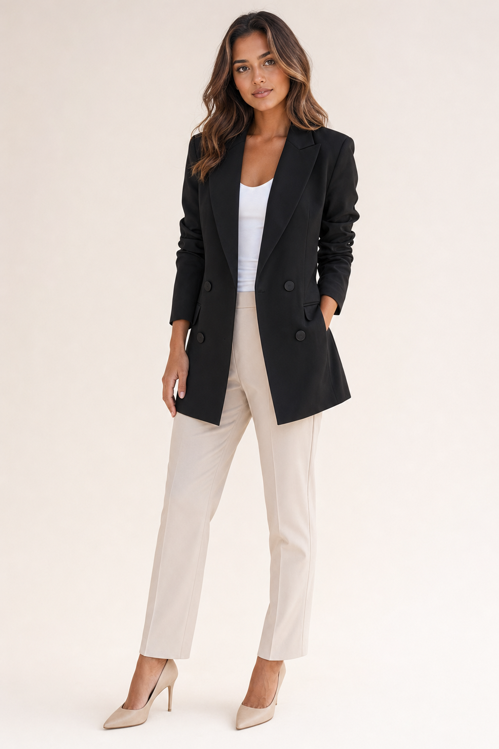 longline double-breasted blazer, black - front view