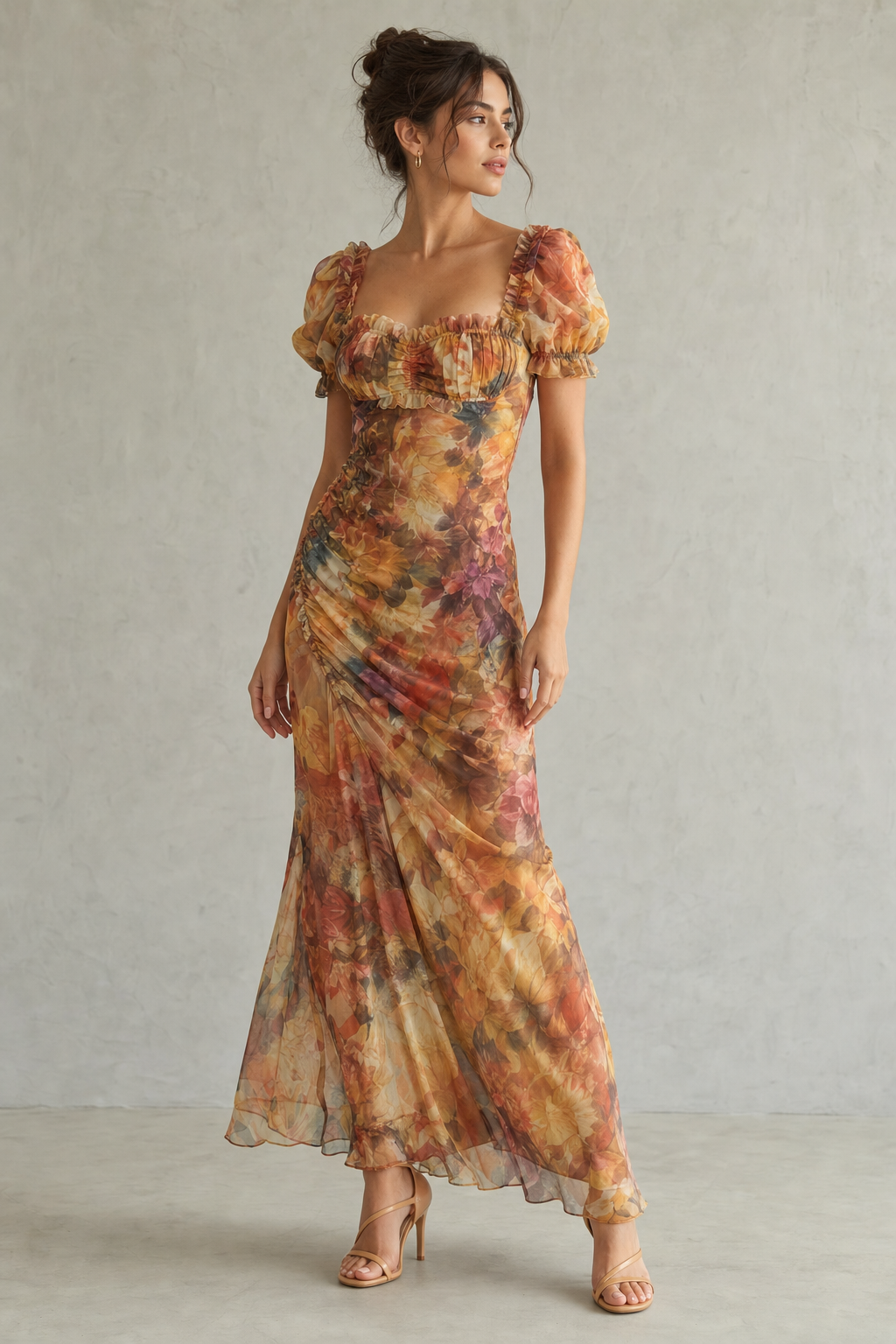 ruched puff-sleeve dress with front slit, amber floral - worn, full-length view