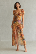 ruched puff-sleeve dress with front slit, amber floral - front view