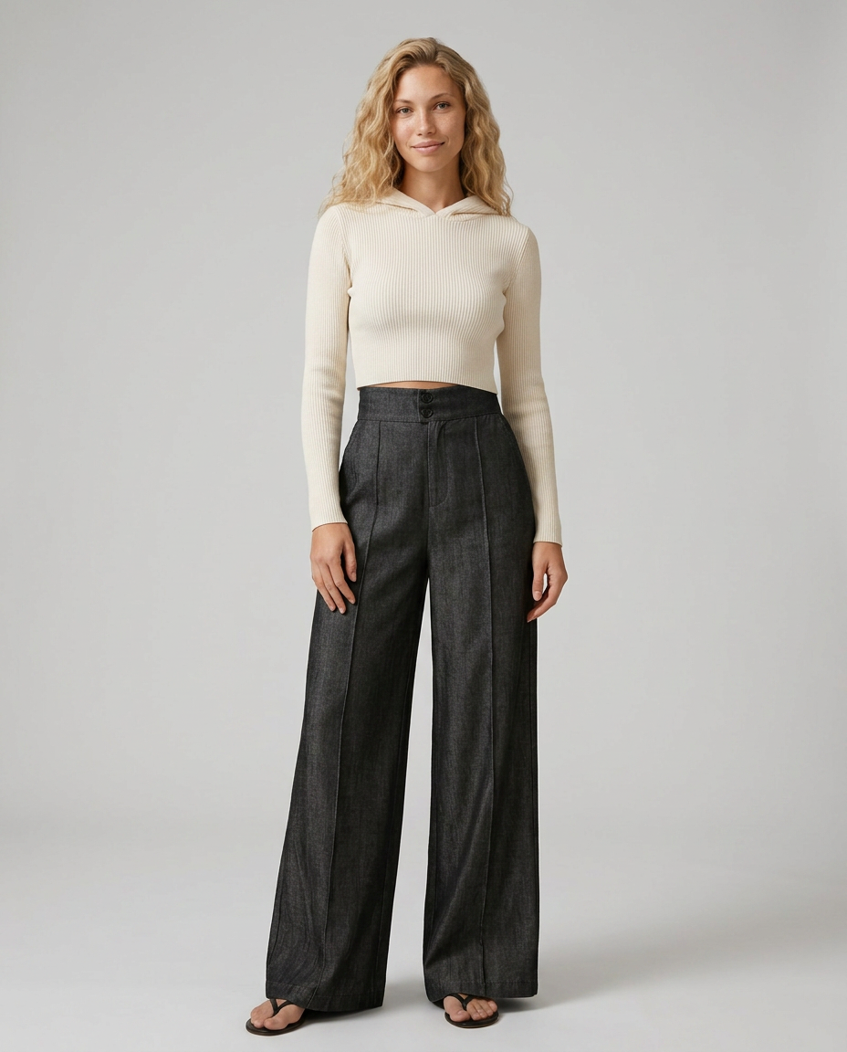 high-waist wide-leg jeans, black - worn view